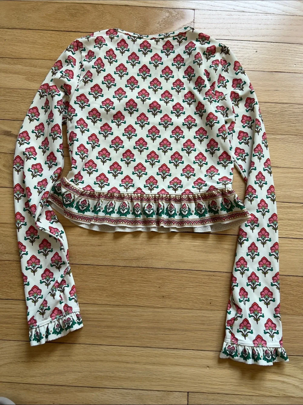 Mini Boden Rashguard Two-Piece Swim Set in Cream with Pink Floral Block Print